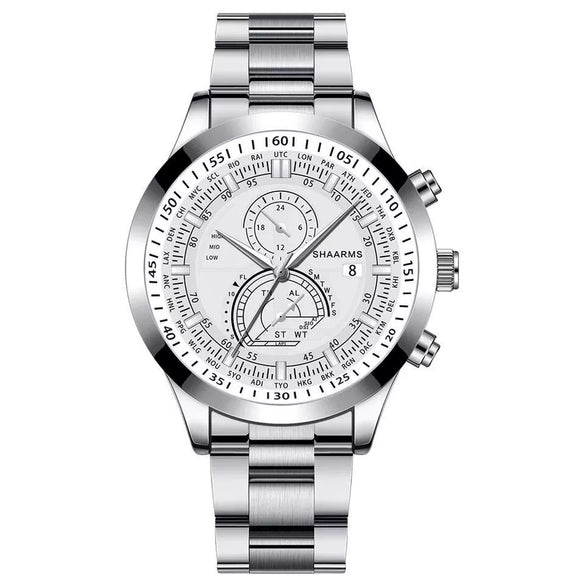 Wholesale Alloy Band Men's Round Dial Quartz Watch With Fake Two Eyes Calendar And Horseshoe Buckle Leisure Style