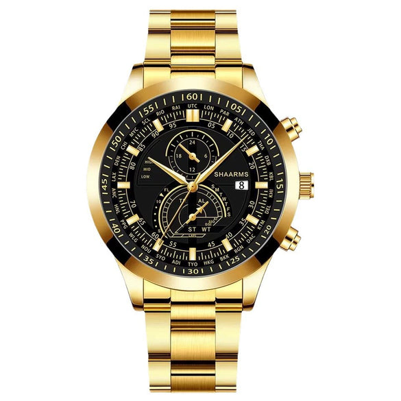 Wholesale Alloy Band Men's Round Dial Quartz Watch With Fake Two Eyes Calendar And Horseshoe Buckle Leisure Style