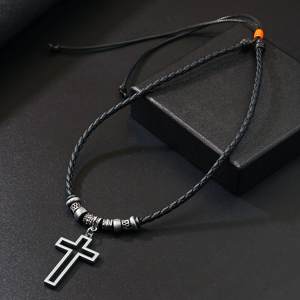 Wholesale Alloy Beaded Necklace Retro Geometric Style With Cross Wax Rope And Electroplating Treatment