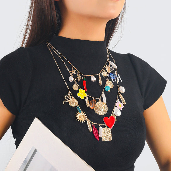 Wholesale Alloy Bohemian Geometric Sunflower Snake Multilayer Charm Necklace For Women With Diamond Design