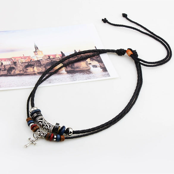 Wholesale Alloy Cross Pendant Necklace With Woven Leather Rope Retro Wooden Beads Geometric Style Baking Paint Finish