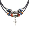 Wholesale Alloy Cross Pendant Necklace With Woven Leather Rope Retro Wooden Beads Geometric Style Baking Paint Finish