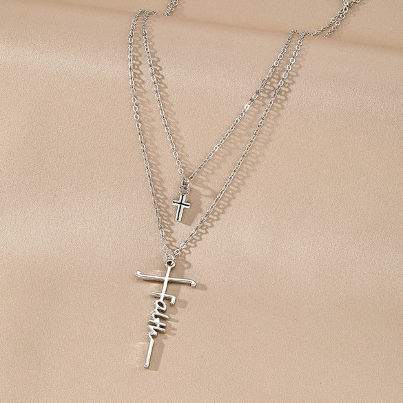 Wholesale Alloy Doublelayer Choker Ochain Women's Personality Geometric Cross Pendant Necklace With Electroplating