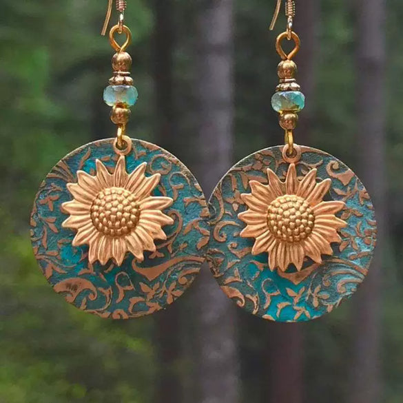 Wholesale Alloy Doublelayer Sunflower Pattern Earrings Retro Bohemian Style Electroplated For Women
