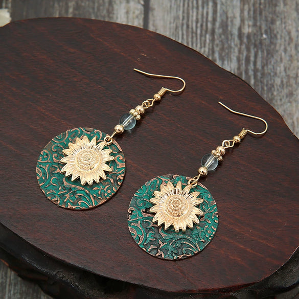 Wholesale Alloy Doublelayer Sunflower Pattern Earrings Retro Bohemian Style Electroplated For Women