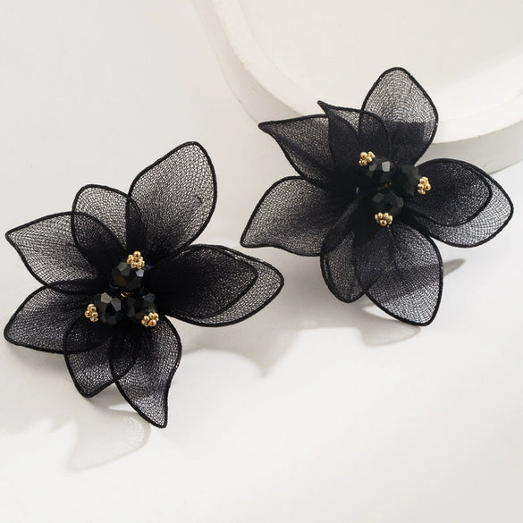 Wholesale Alloy Doublelayer Textile Fabric Microinlay Threedimensional Flower Earrings For Women