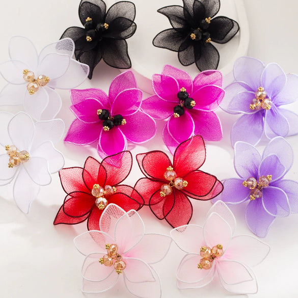 Wholesale Alloy Doublelayer Textile Fabric Microinlay Threedimensional Flower Earrings For Women