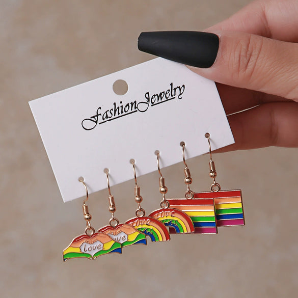 Wholesale Alloy Earrings Set With Cartoon Rainbow Color Flag Heart Shape And Love Pattern Electroplated For Women