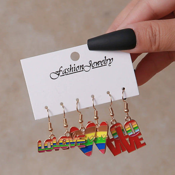 Wholesale Alloy Earrings Set With Cartoon Rainbow Color Flag Heart Shape And Love Pattern Electroplated For Women