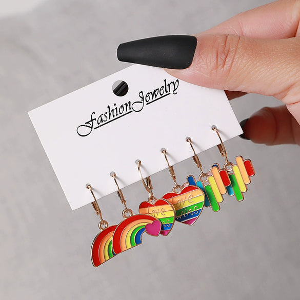 Wholesale Alloy Earrings Set With Cartoon Rainbow Color Flag Heart Shape And Love Pattern Electroplated For Women