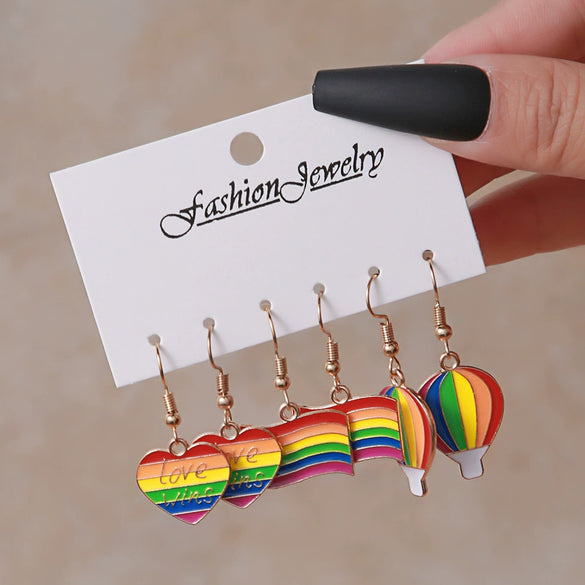 Wholesale Alloy Earrings Set With Cartoon Rainbow Color Flag Heart Shape And Love Pattern Electroplated For Women