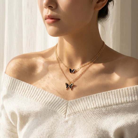 Wholesale Alloy Electroplated Animal And Zodiac Shaped Butterfly Pendant Necklace Bracelet Set And Niche High End Oil Drip Earrings For Women