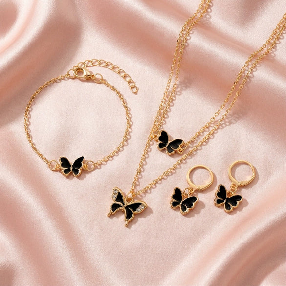 Wholesale Alloy Electroplated Animal And Zodiac Shaped Butterfly Pendant Necklace Bracelet Set And Niche High End Oil Drip Earrings For Women