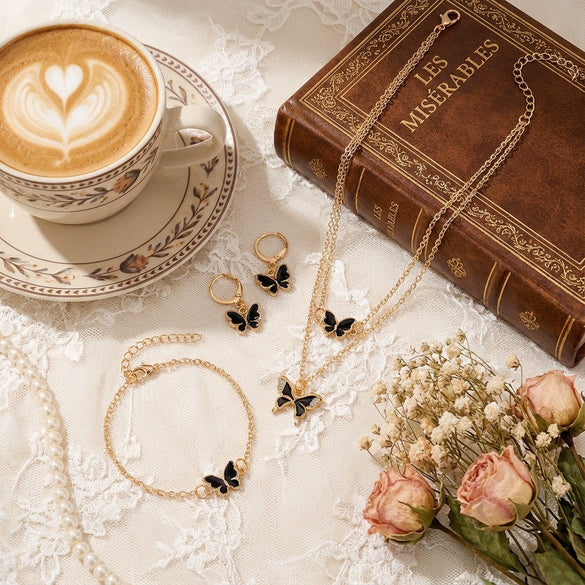 Wholesale Alloy Electroplated Animal And Zodiac Shaped Butterfly Pendant Necklace Bracelet Set And Niche High End Oil Drip Earrings For Women