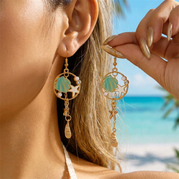 Wholesale Alloy Electroplated Animal Shaped Starfish And Conch Pendant Earrings For Women