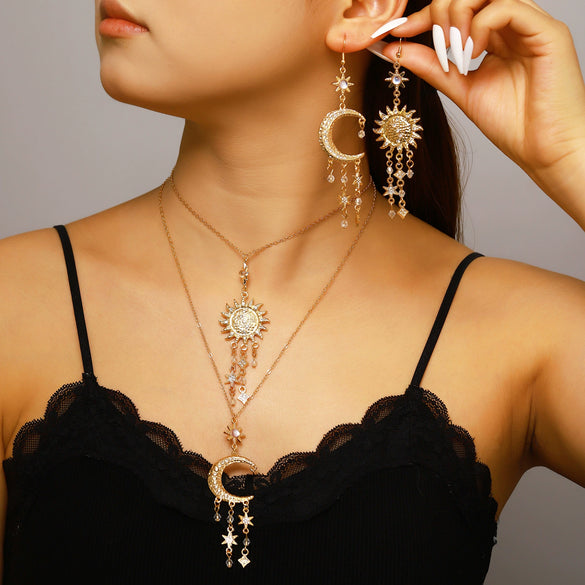Wholesale Alloy Electroplated Sun Moon Star Cloud Universe Pattern Necklace And Earring Set For Women