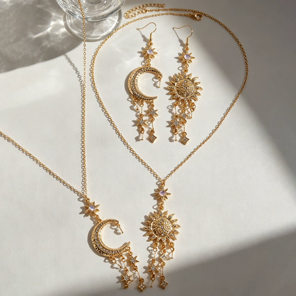 Wholesale Alloy Electroplated Sun Moon Star Cloud Universe Pattern Necklace And Earring Set For Women