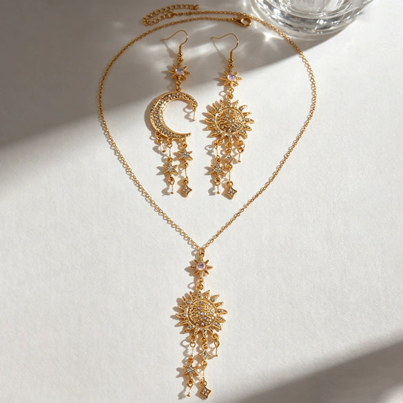 Wholesale Alloy Electroplated Sun Moon Star Cloud Universe Pattern Necklace And Earring Set For Women