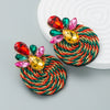 Wholesale Alloy Exaggerated Round Earrings With Color Rhinestone And Geometric Pattern Woven By Polyester Elastic Wire In Simple Style With Diamond Treatment
