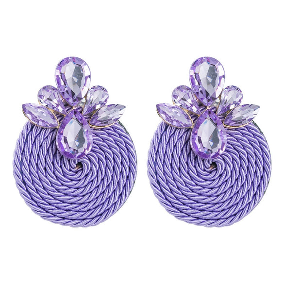 Wholesale Alloy Exaggerated Round Earrings With Color Rhinestone And Geometric Pattern Woven By Polyester Elastic Wire In Simple Style With Diamond Treatment