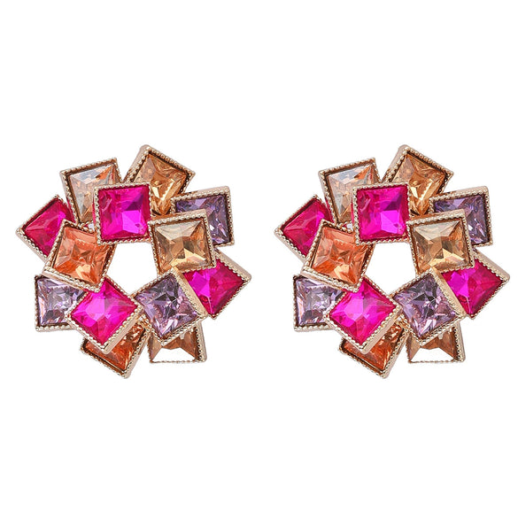 Wholesale Alloy Fashion Colored Diamond Multi Layer Square Rhinestone Windmill Shaped Women's Geometric Earrings