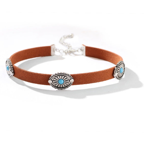 Wholesale Alloy Fashion Retro Flower Plate Turquoise Women's Necklace