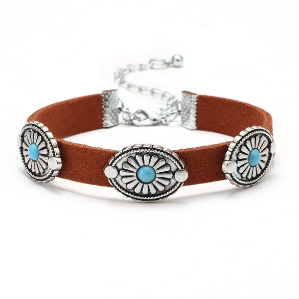Wholesale Alloy Fashion Retro Flower Plate Turquoise Women's Necklace