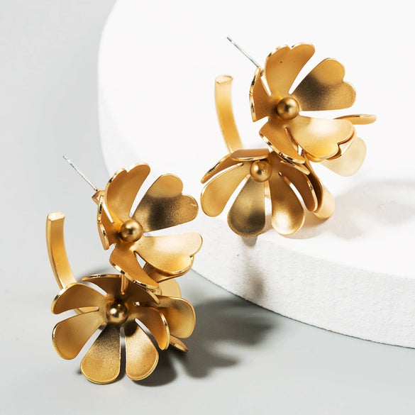Wholesale Alloy Flower Earrings Electroplated Women's Fashionable Exaggerated Multi Layer Large Petal All Match