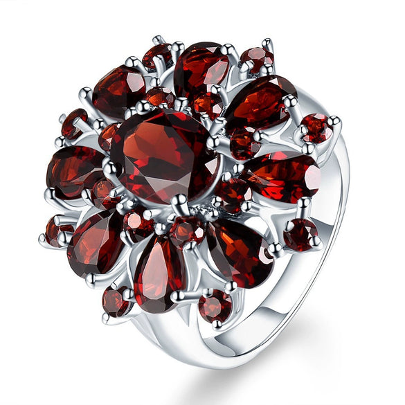 Wholesale Alloy Flower Geometric Ring For Women With Electroplating Treatment And Garnet Red Zircon