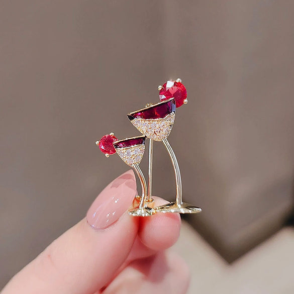 Wholesale Alloy Flower Styled Red Wine Glass Brooch For Ladies With Electroplating Treatment High End Design Fixed Function Clothing Accessories