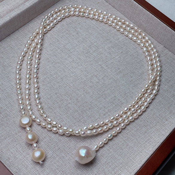 Wholesale Alloy Freshwater Pearl Sweater Chain Necklace For Women Light Luxury Rice And Water Drop Shape Sweet Cool Style