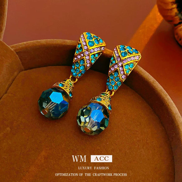 Wholesale Alloy Geometric Blue Crystal Diamondencrusted Electroplated Women's Earrings
