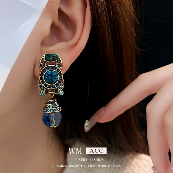 Wholesale Alloy Geometric Blue Crystal Diamondencrusted Electroplated Women's Earrings