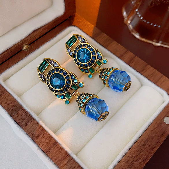 Wholesale Alloy Geometric Blue Crystal Diamondencrusted Electroplated Women's Earrings