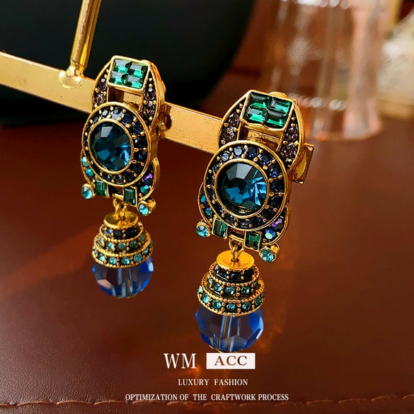 Wholesale Alloy Geometric Blue Crystal Diamondencrusted Electroplated Women's Earrings