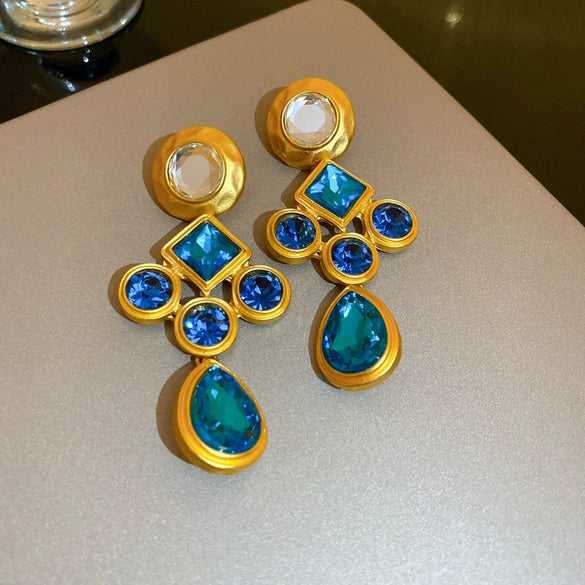 Wholesale Alloy Geometric Blue Crystal Diamondencrusted Electroplated Women's Earrings