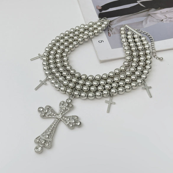 Wholesale Alloy Geometric Cross Multilayer Light Luxury Style Diamondencrusted Electroplated Women's Necklace