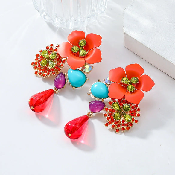 Wholesale Alloy Geometric Diamond Vintage Resin Flower Beaded Earrings For Women
