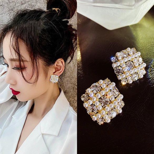 Wholesale Alloy Geometric Electroplated S925 Silver Square Earrings With Rhinestone And Pearl For Women