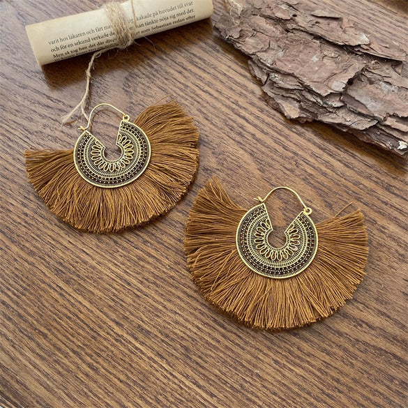 Wholesale Alloy Geometric Fan Shaped Tassel Earrings With Electroplating Retro Bohemian Style Fashion Jewelry