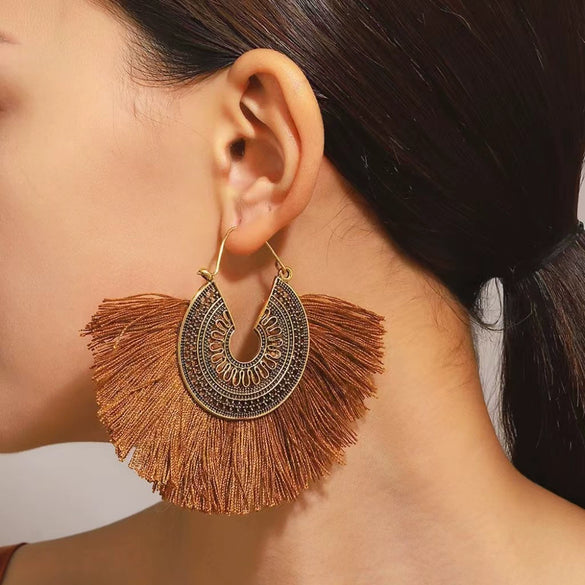 Wholesale Alloy Geometric Fan Shaped Tassel Earrings With Electroplating Retro Bohemian Style Fashion Jewelry