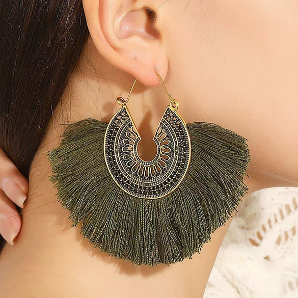 Wholesale Alloy Geometric Fan Shaped Tassel Earrings With Electroplating Retro Bohemian Style Fashion Jewelry