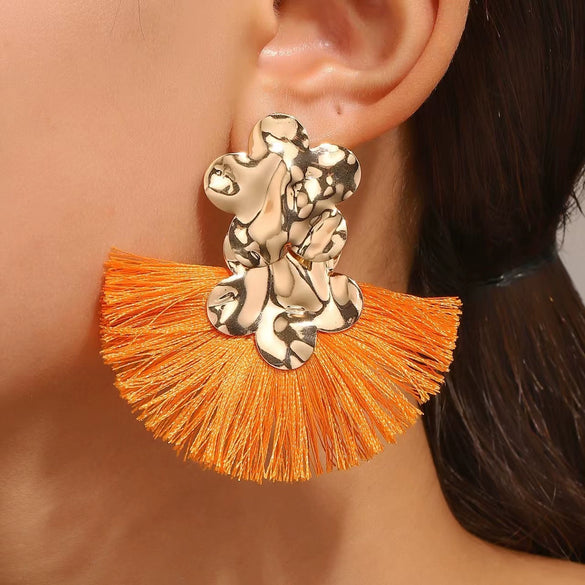 Wholesale Alloy Geometric Fan Shaped Tassel Earrings With Electroplating Retro Bohemian Style Fashion Jewelry
