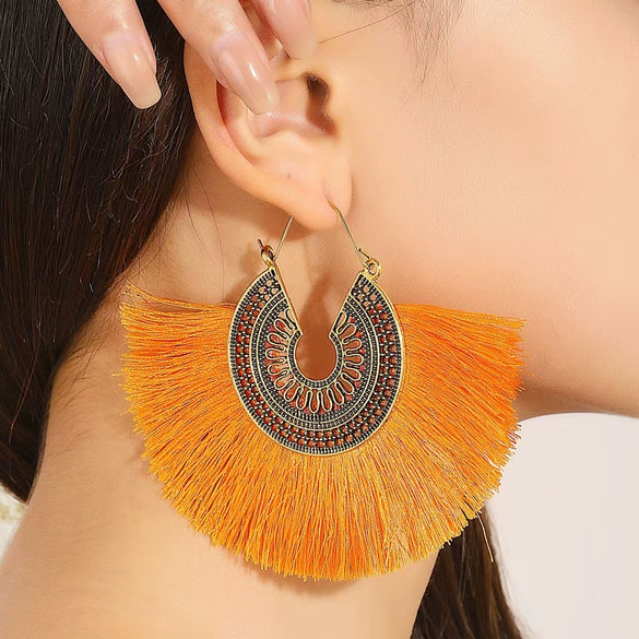 Wholesale Alloy Geometric Fan Shaped Tassel Earrings With Electroplating Retro Bohemian Style Fashion Jewelry