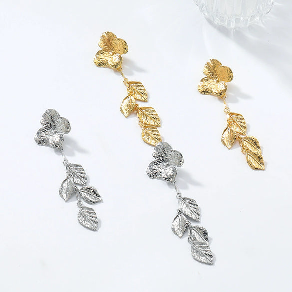 Wholesale Alloy Geometric Leaf Petals Pleated Tassel Earrings For Women Light Luxury Style Electroplated