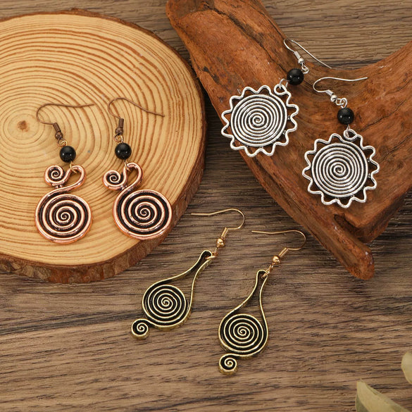 Wholesale Alloy Geometric Oval Spiral Hollow Pendant Earrings For Women Electroplated Retro Bohemian Style