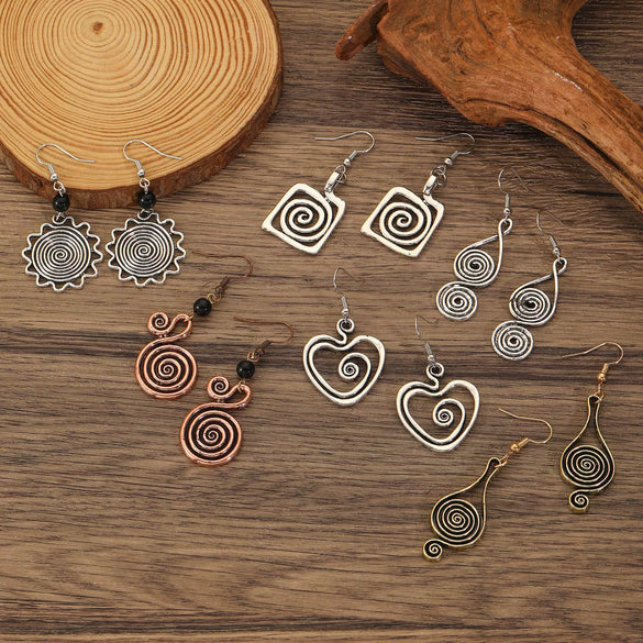 Wholesale Alloy Geometric Oval Spiral Hollow Pendant Earrings For Women Electroplated Retro Bohemian Style