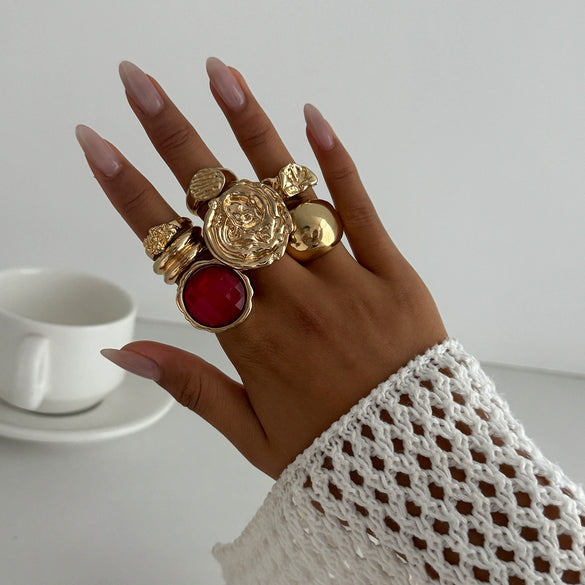 Wholesale Alloy Geometric Pleated Imitation Gemstone Rhinestone Ring Set For Women With Electroplating Design