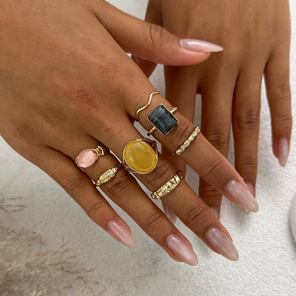 Wholesale Alloy Geometric Pleated Imitation Gemstone Rhinestone Ring Set For Women With Electroplating Design