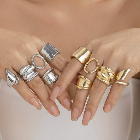 Wholesale Alloy Geometric Retro Electroplated Women's Ring Set With Irregular Smooth Opening Texture